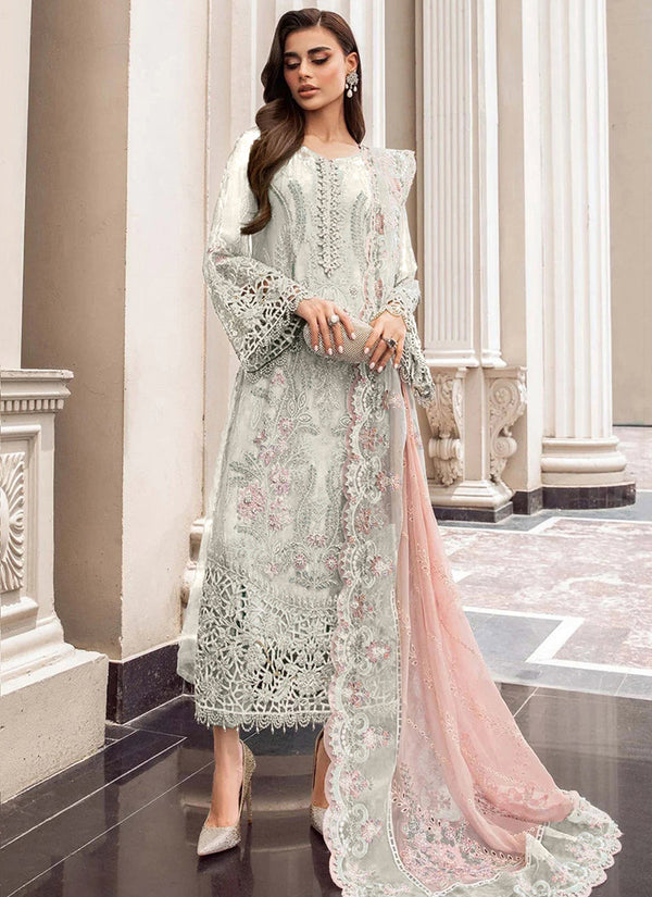 Salwar kameez pakistanais OR-33-2 en organza blanc cassé avec broderies florales, manches en dentelle et dupatta rose poudré