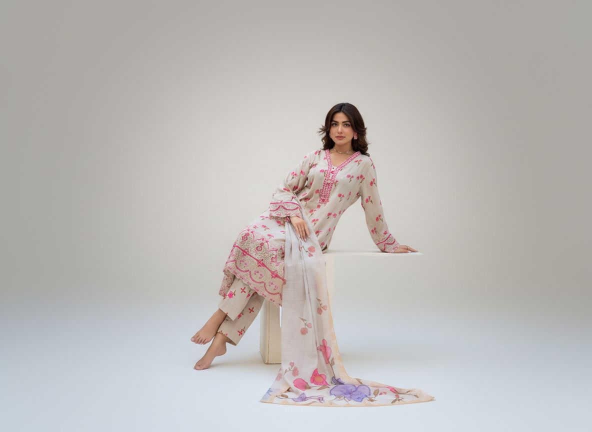 Haya Noor – Ensemble 3 pièces cousu en lin flammé brodé – 06
