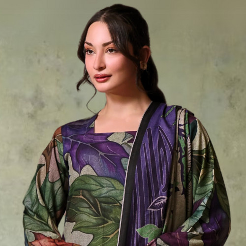 shalwar kameez banadora à imprimé feuilles vertes et violettes