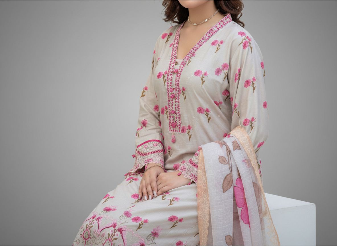 Haya Noor – Ensemble 3 pièces cousu en lin flammé brodé – 06