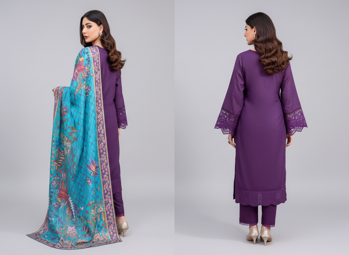 Ensemble 3 pièces brodé Soni en khaddar original violet