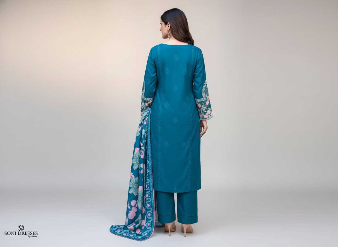 Ensemble femme 3 pièces brodé Soni en khaddar original bleu