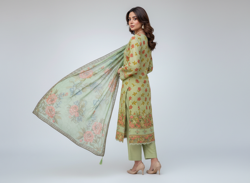 Haya Noor – Ensemble 3 pièces cousu en lin flammé brodé – 05
