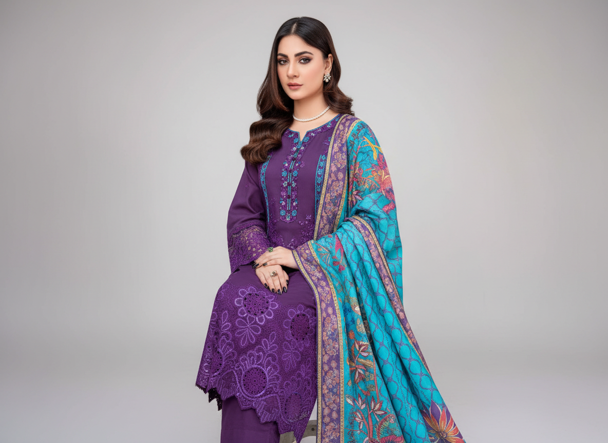 Ensemble 3 pièces brodé Soni en khaddar original violet