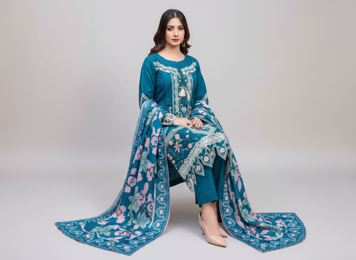 Ensemble femme 3 pièces brodé Soni en khaddar original bleu