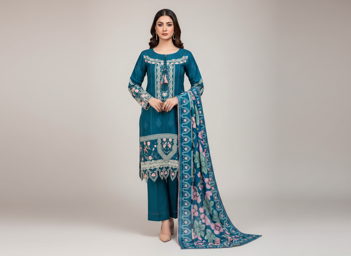 Ensemble femme 3 pièces brodé Soni en khaddar original bleu