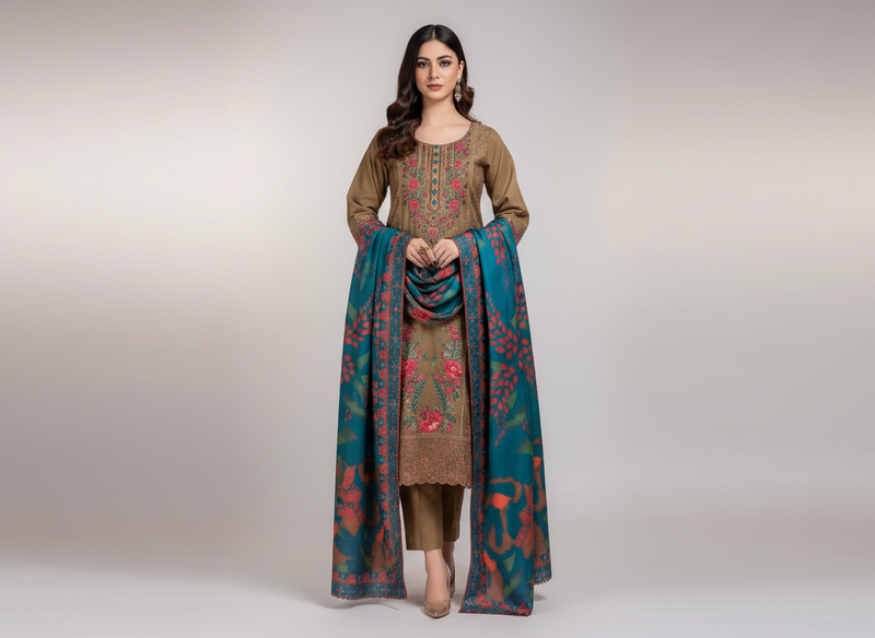 Ensemble 3 pièces brodé Soni en khaddar original marron