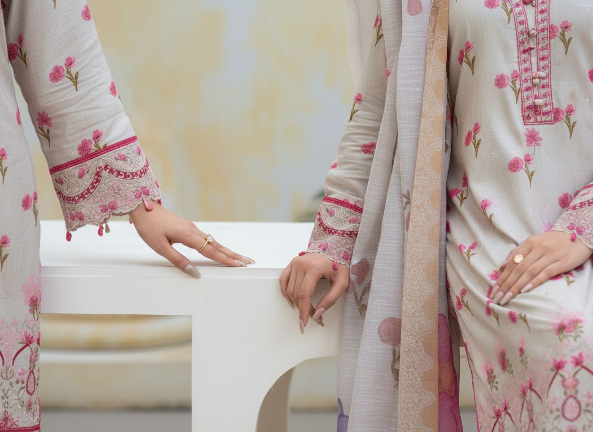 Haya Noor – Ensemble 3 pièces cousu en lin flammé brodé – 06