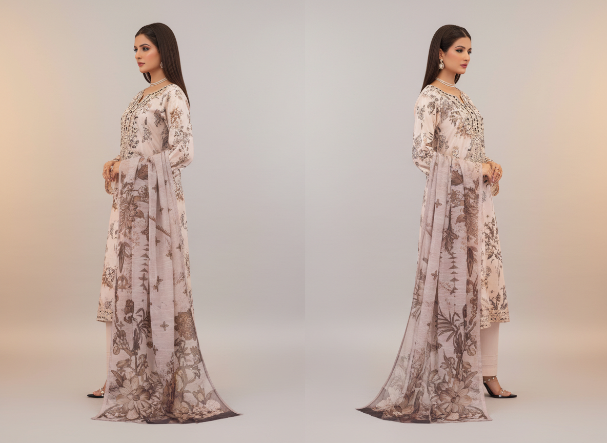 Ensemble 3 pièces brodé Soni en khaddar original rose