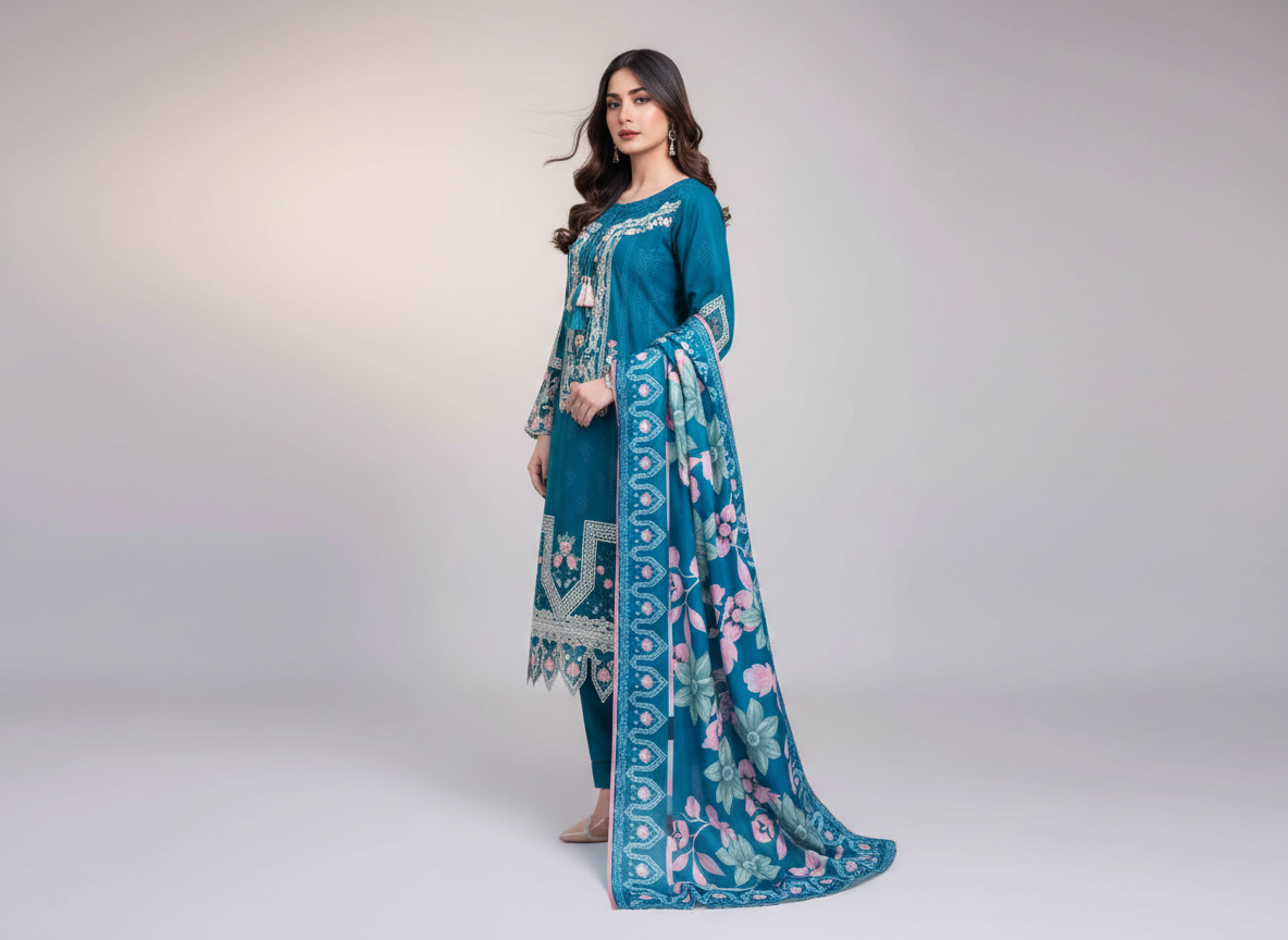 Ensemble femme 3 pièces brodé Soni en khaddar original bleu