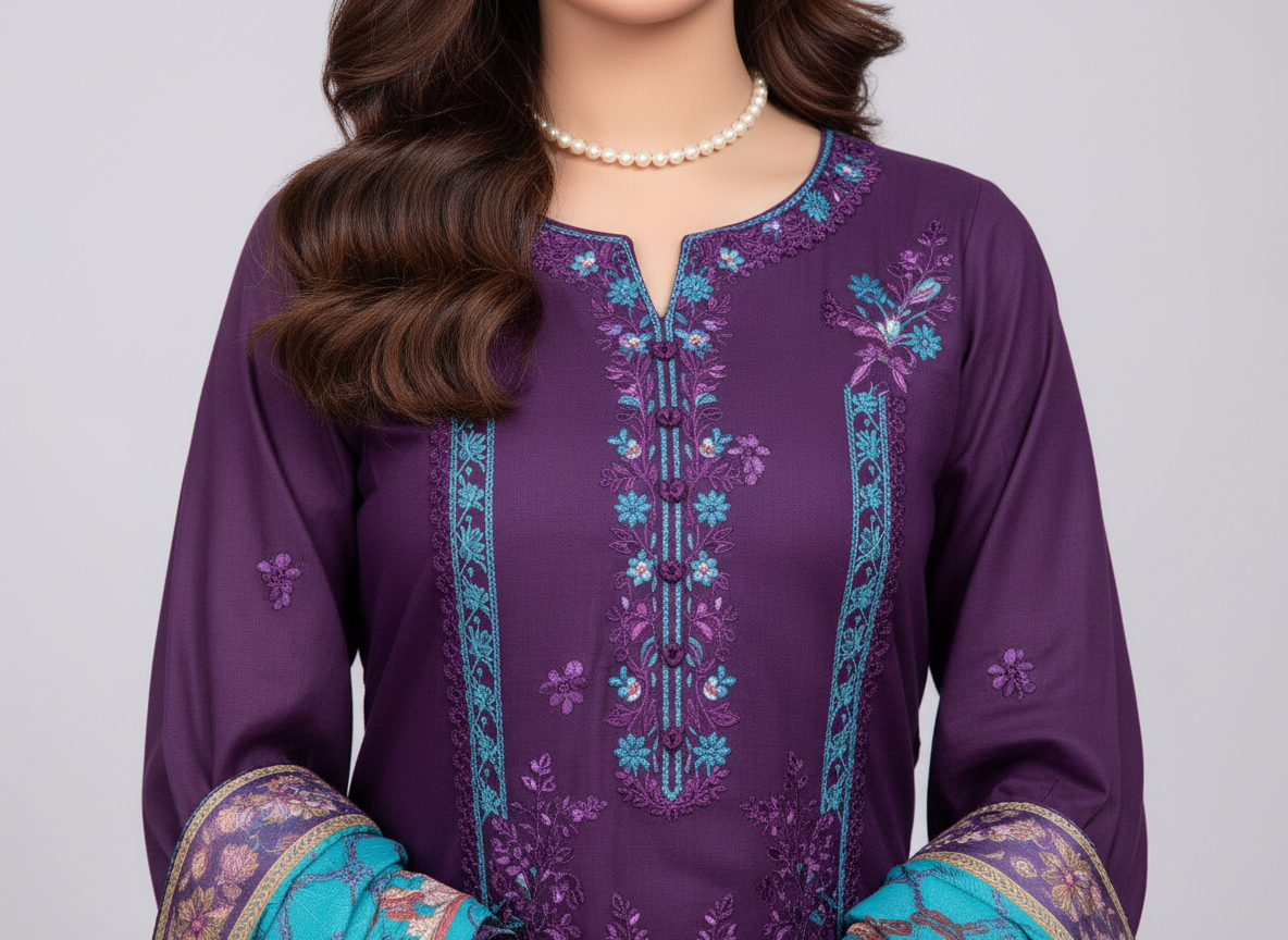 Ensemble 3 pièces brodé Soni en khaddar original violet
