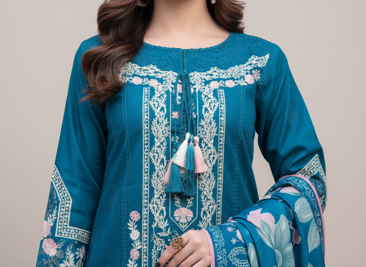 Ensemble femme 3 pièces brodé Soni en khaddar original bleu
