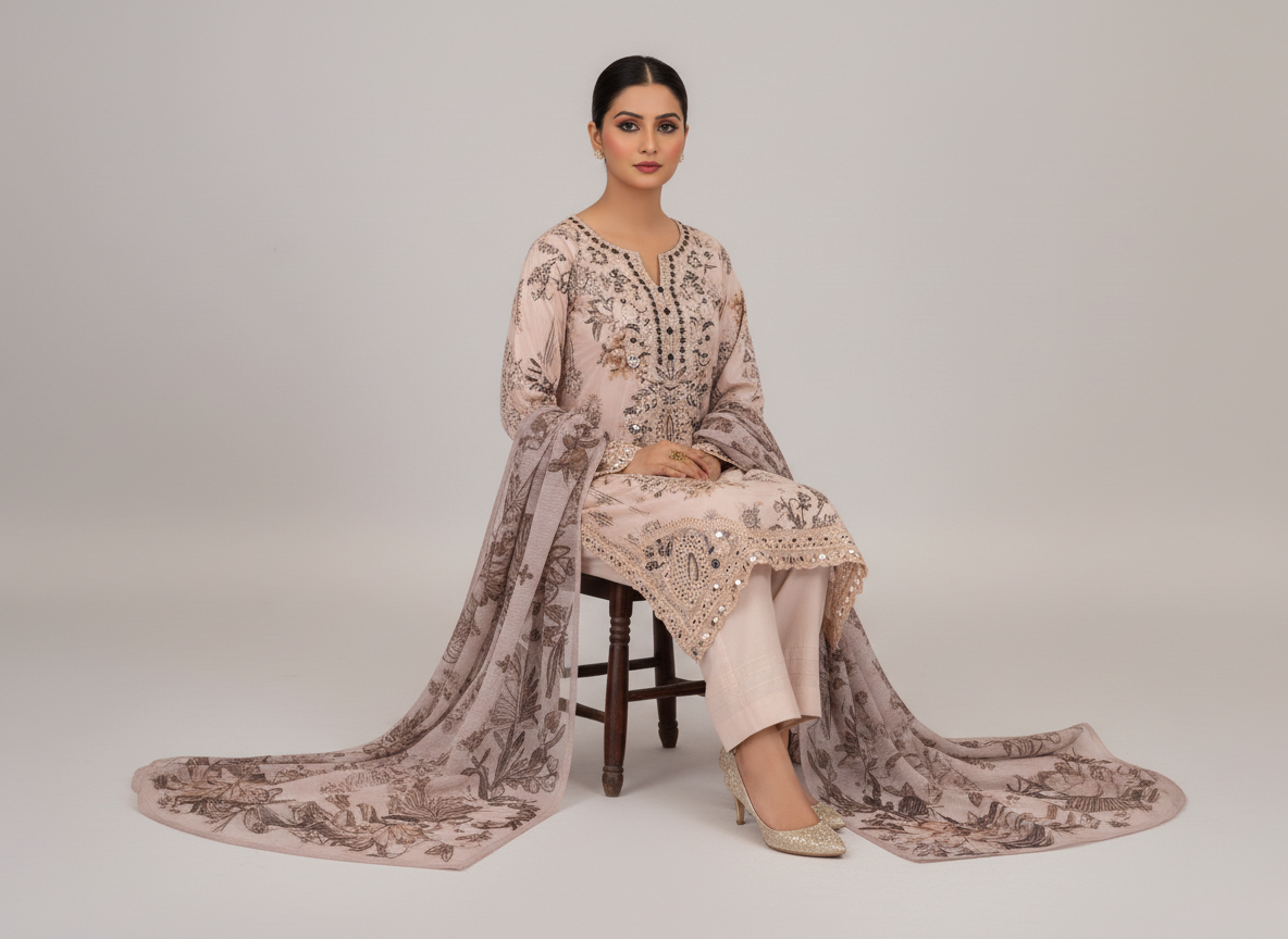 Ensemble 3 pièces brodé Soni en khaddar original rose