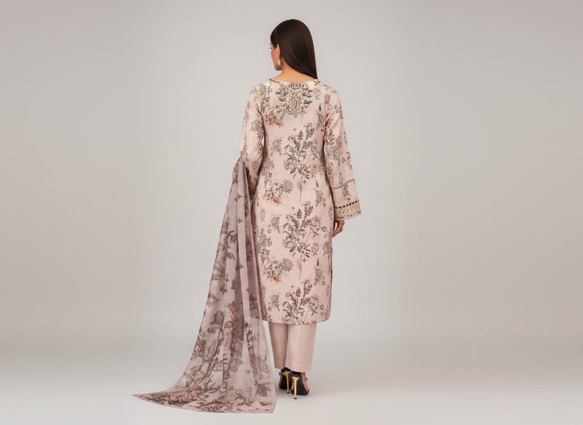 Ensemble 3 pièces brodé Soni en khaddar original rose