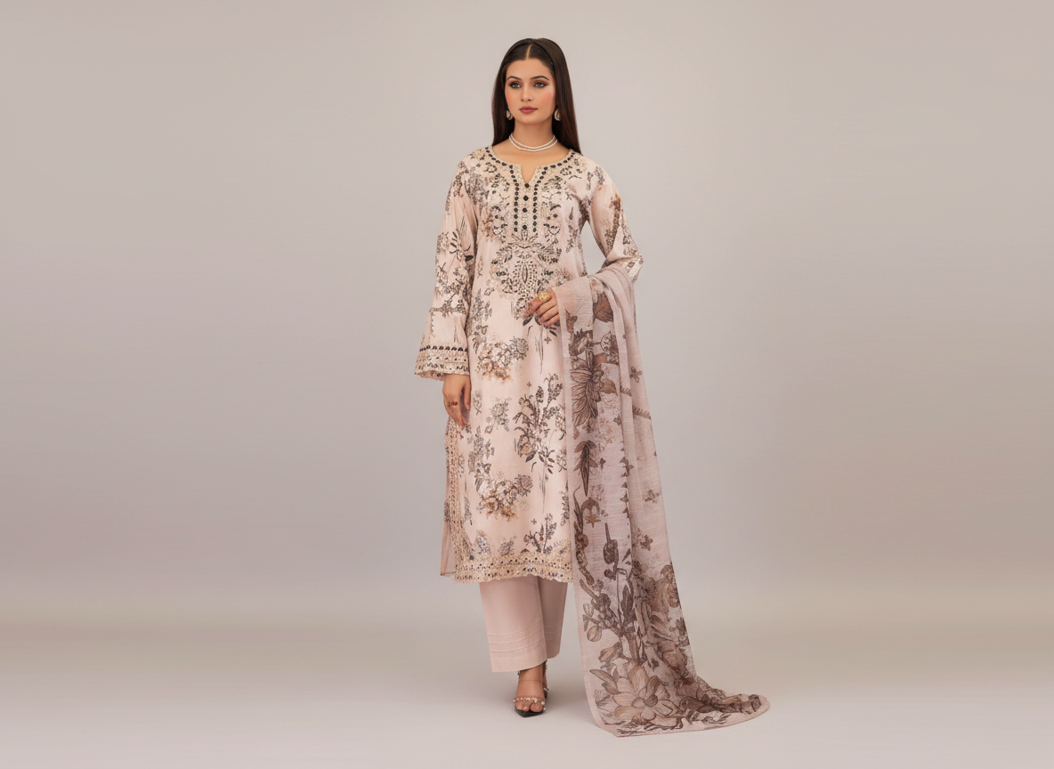 Ensemble 3 pièces brodé Soni en khaddar original rose