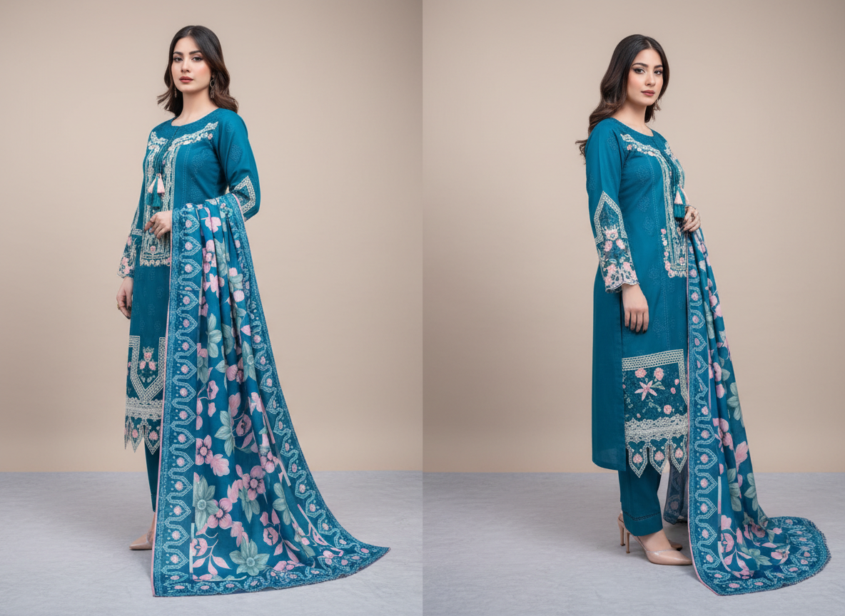 Ensemble femme 3 pièces brodé Soni en khaddar original bleu