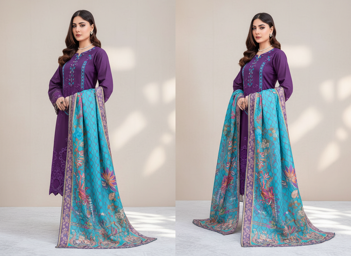 Ensemble 3 pièces brodé Soni en khaddar original violet