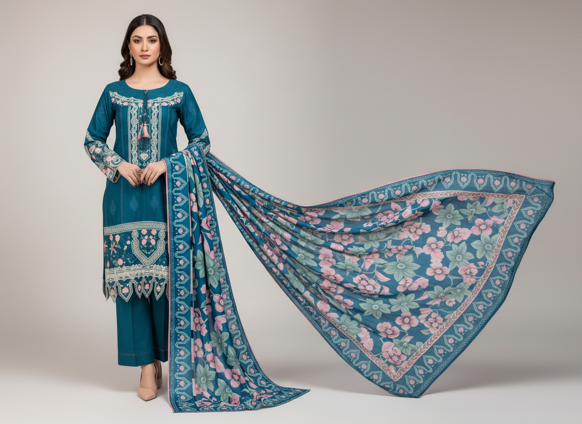Ensemble femme 3 pièces brodé Soni en khaddar original bleu
