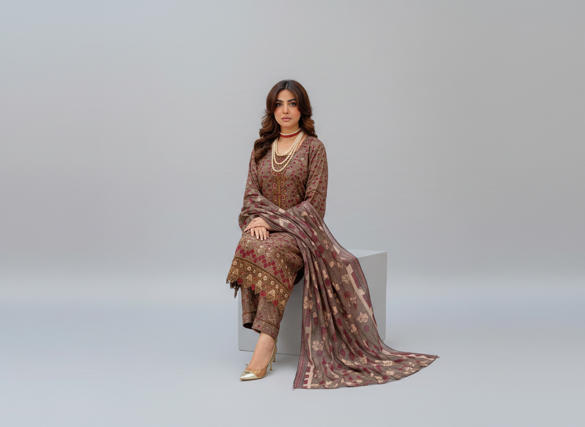 Haya Noor – Ensemble 3 pièces cousu en lin flammé brodé – 03
