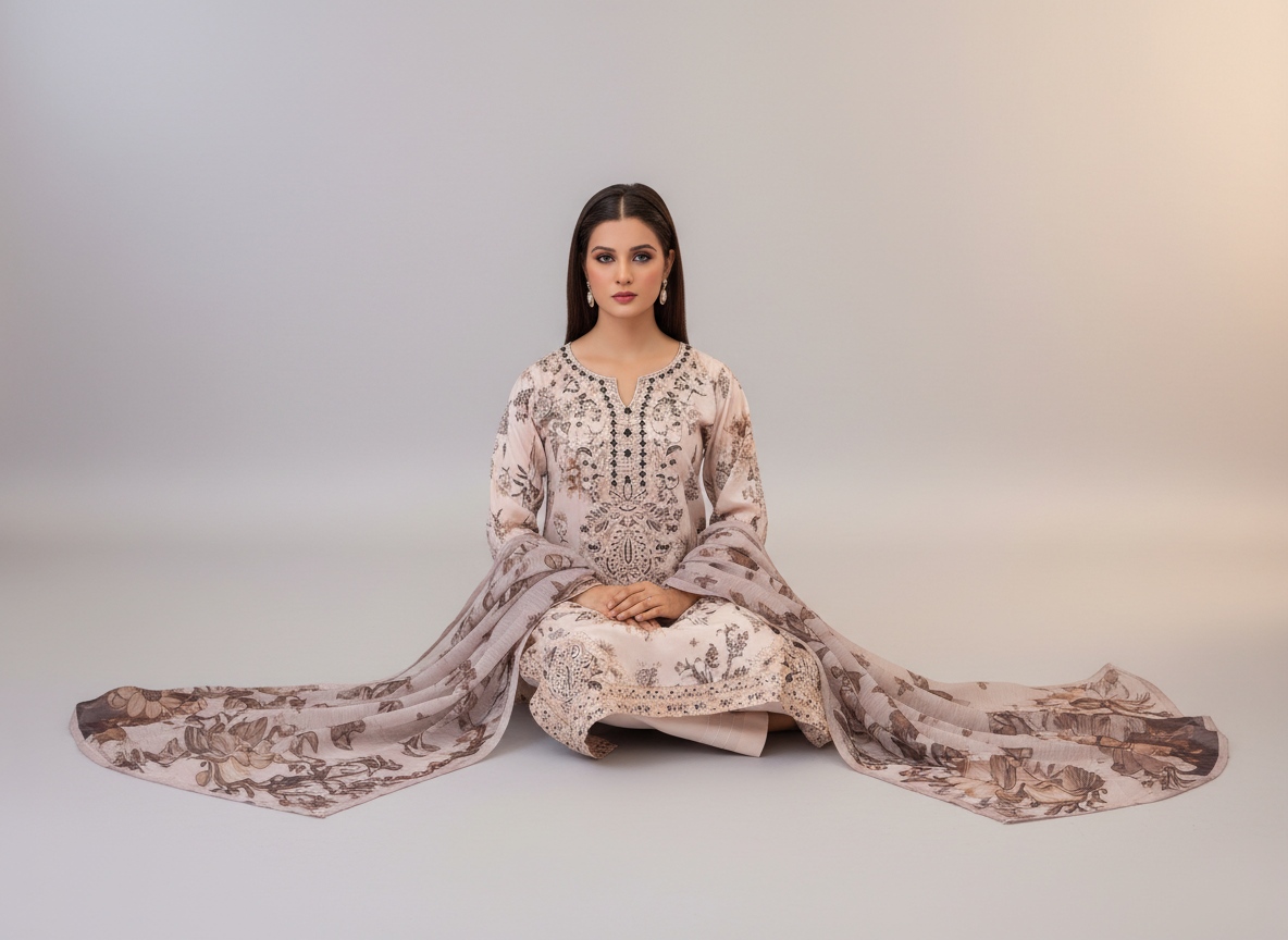 Ensemble 3 pièces brodé Soni en khaddar original rose