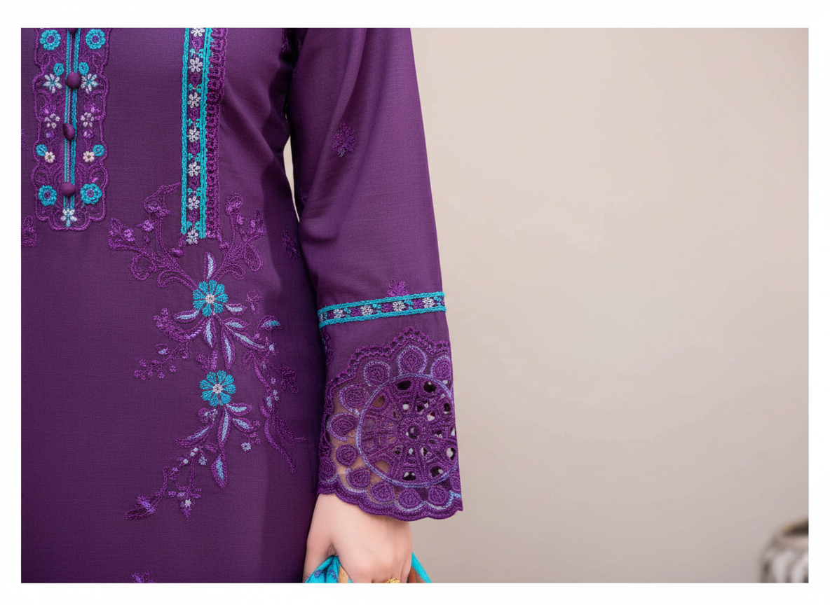 Ensemble 3 pièces brodé Soni en khaddar original violet