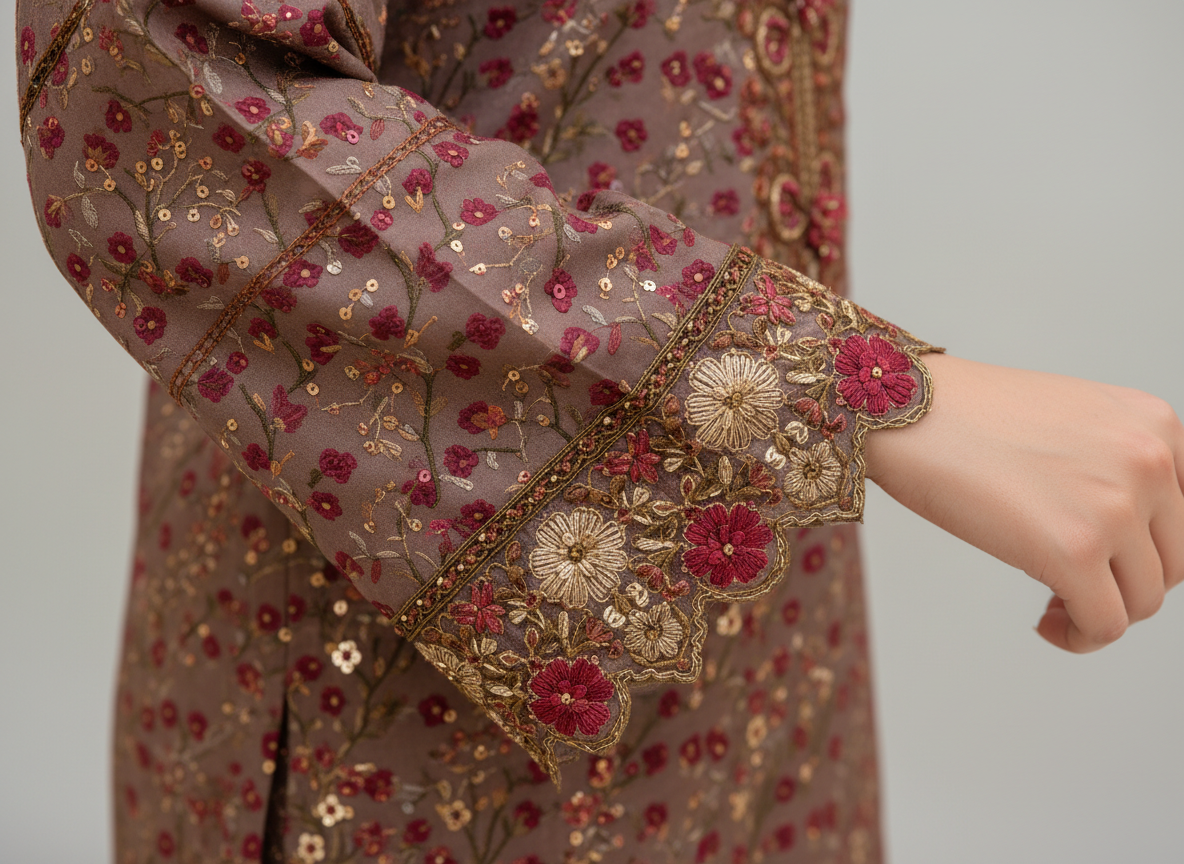 Haya Noor – Ensemble 3 pièces cousu en lin flammé brodé – 03