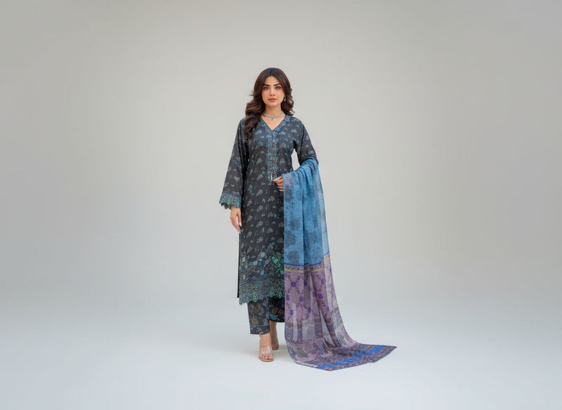 Haya Noor – Ensemble 3 pièces cousu en lin flammé brodé – 01