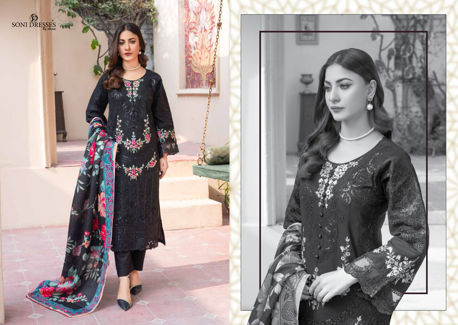 Original Khaddar Soni Black Embroidered 3-Piece Suit Khaddar Soni Winter Dress