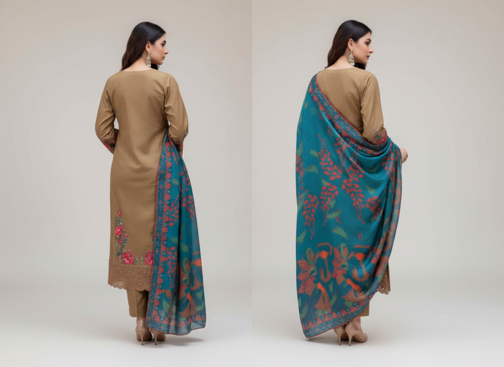 original khaddar soni brown embroidered 3 piece suit