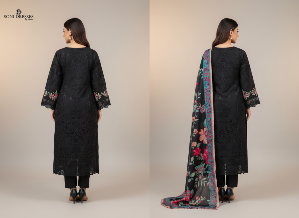 original khaddar soni black embroidered 3 piece suit