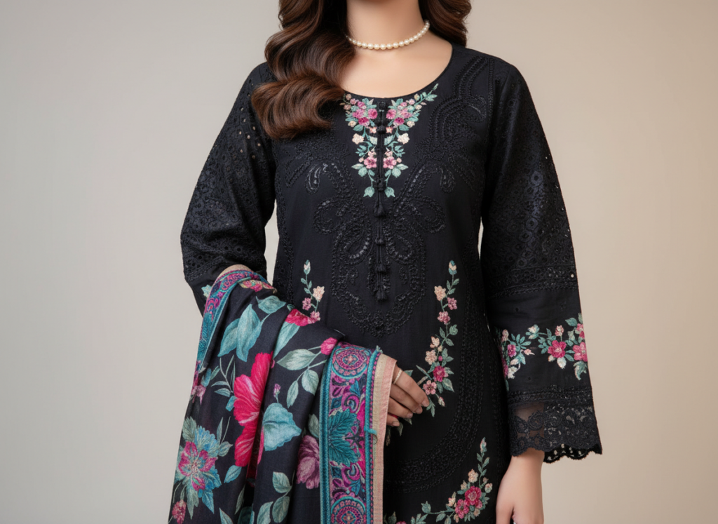 original khaddar soni black embroidered 3 piece suit