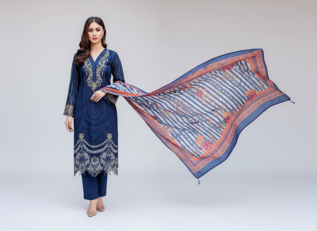 original khaddar soni blue embroidered 3 piece suit for women