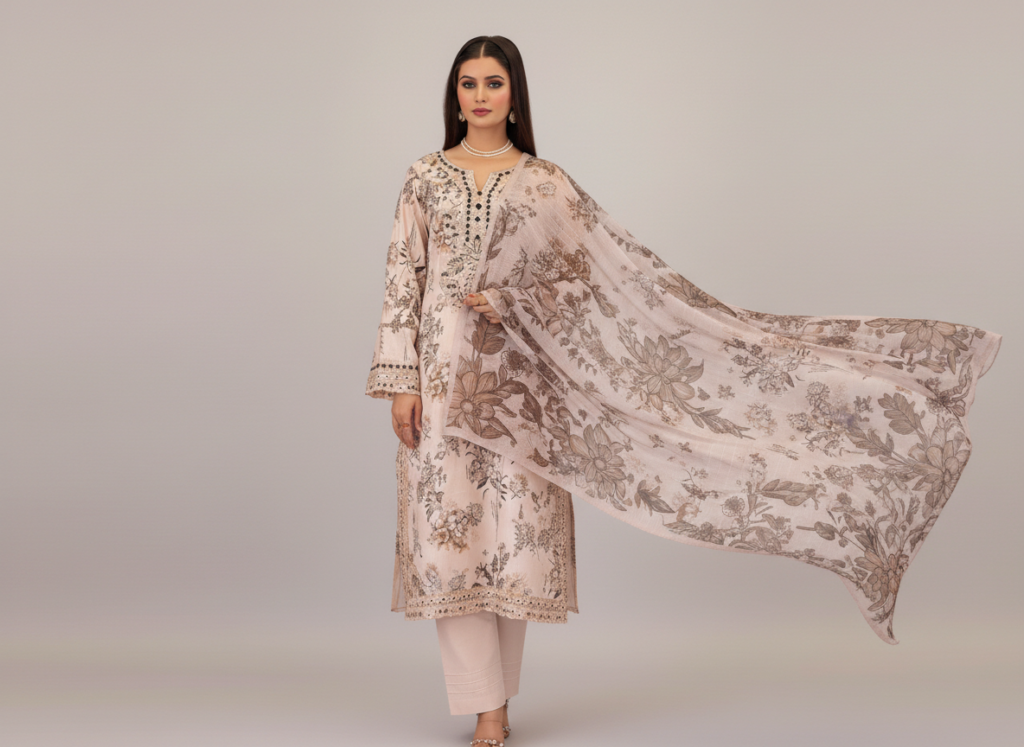 original khaddar soni rose pink embroidered 3 piece suit