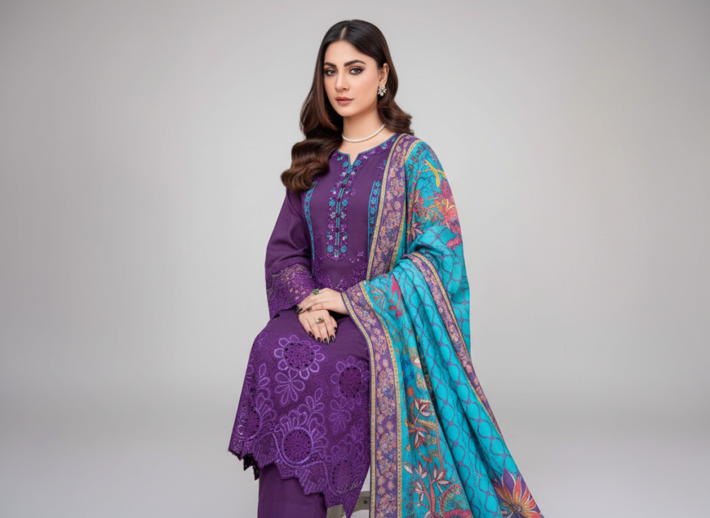 original khaddar soni purple embroidered 3 piece suit