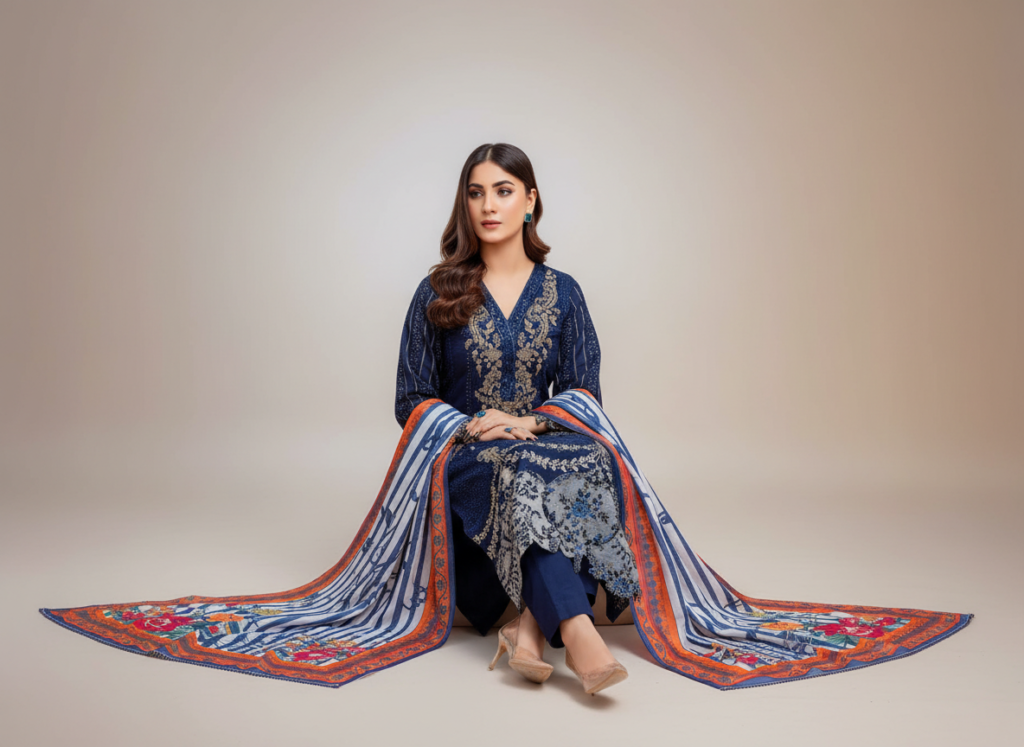 original khaddar soni blue embroidered 3 piece suit for women