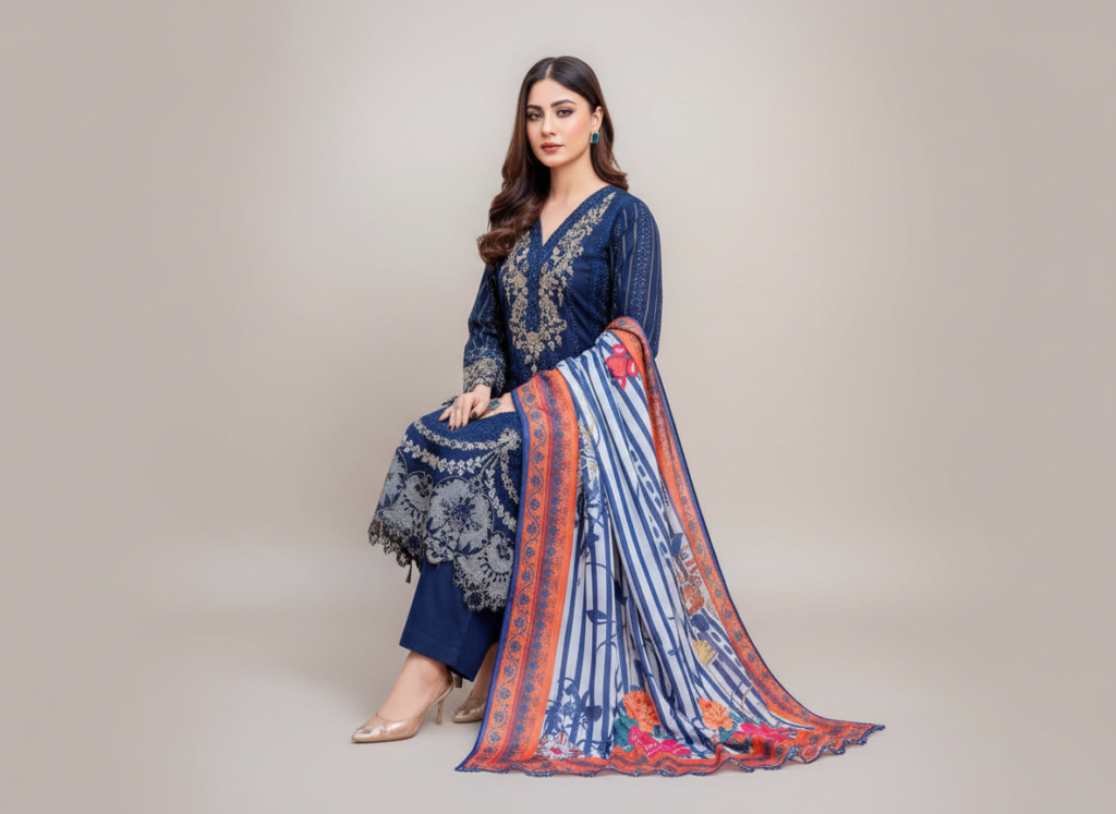 original khaddar soni blue embroidered 3 piece suit for women