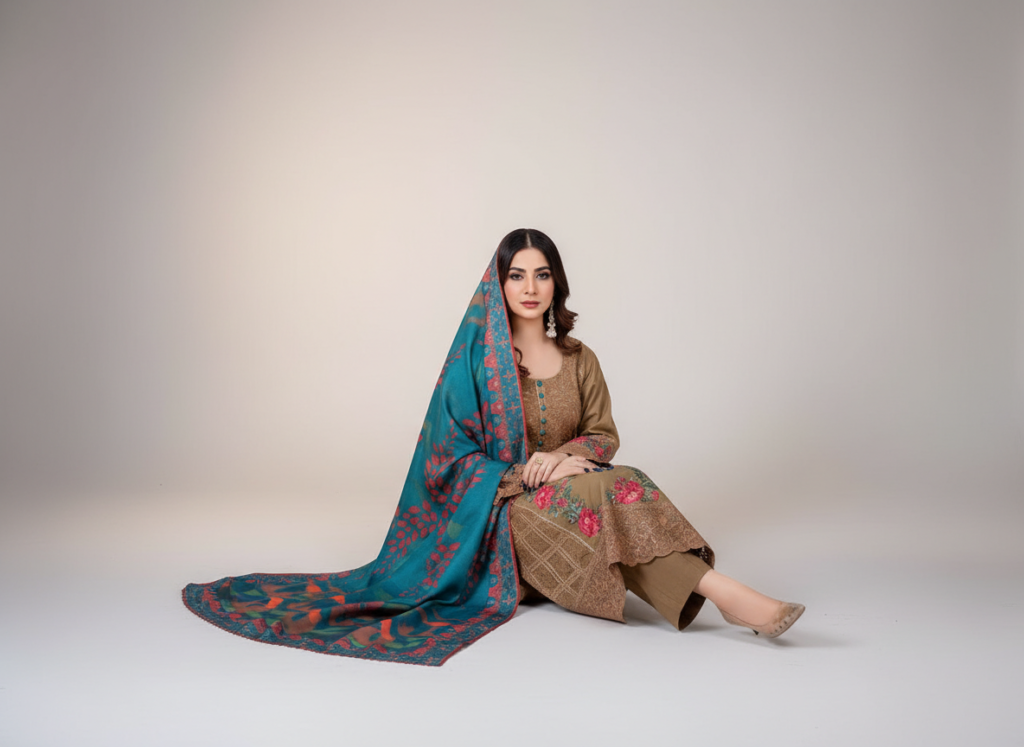original khaddar soni brown embroidered 3 piece suit