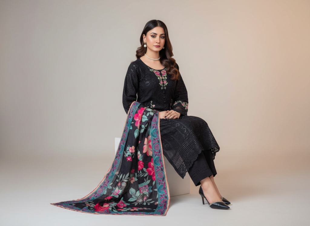 original khaddar soni black embroidered 3 piece suit