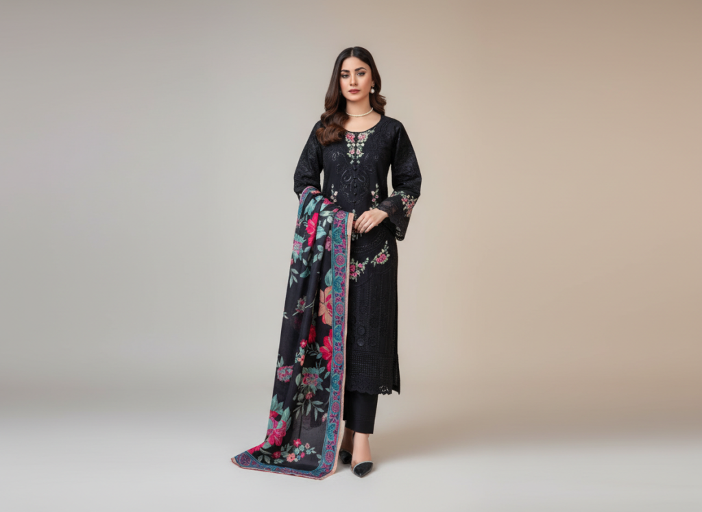 original khaddar soni black embroidered 3 piece suit