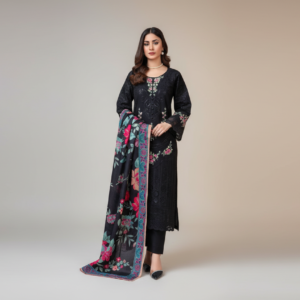 Home original khaddar soni black embroidered 3 piece suit