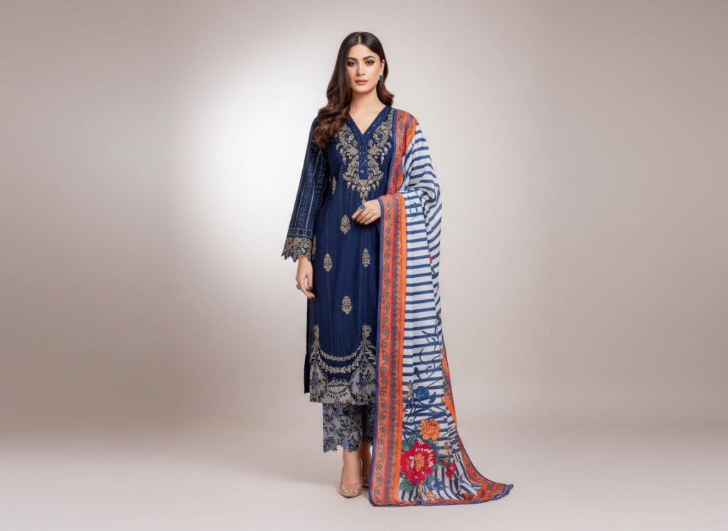 original khaddar soni blue embroidered 3 piece suit for women