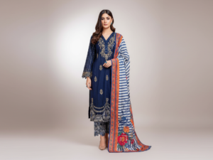 Original Khaddar Soni Blue Embroidered 3-Piece Suit for Women