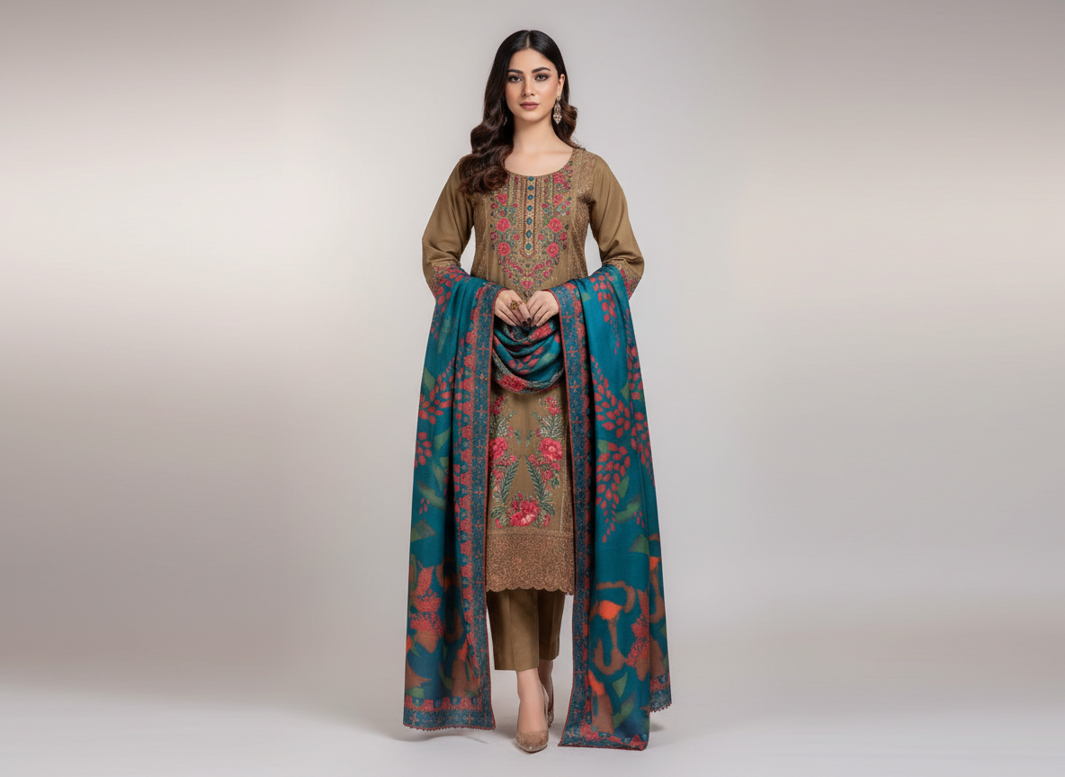 original khaddar soni brown embroidered 3 piece suit original khaddar soni brown embroidered 3 piece suit