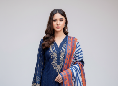 original khaddar soni blue embroidered 3 piece suit for women