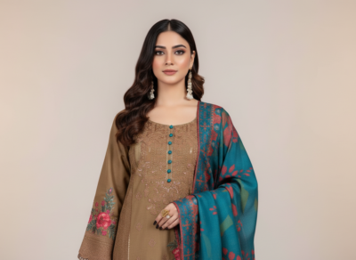 original khaddar soni brown embroidered 3 piece suit