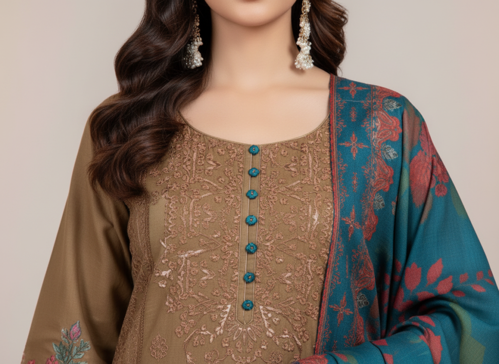 original khaddar soni brown embroidered 3 piece suit