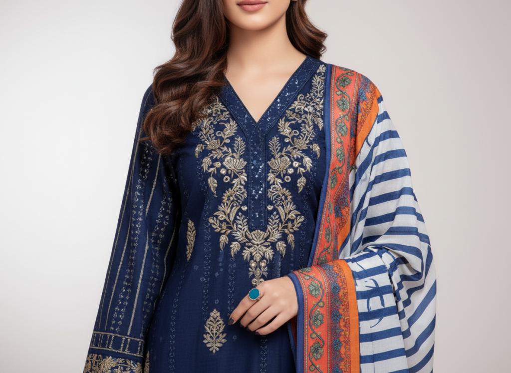 original khaddar soni blue embroidered 3 piece suit for women
