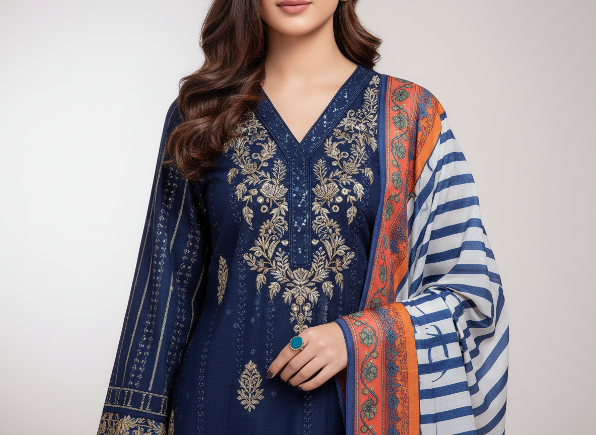 original khaddar soni blue embroidered 3 piece suit for women original khaddar soni blue embroidered 3 piece suit for women