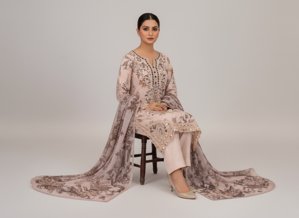 original khaddar soni rose pink embroidered 3 piece suit