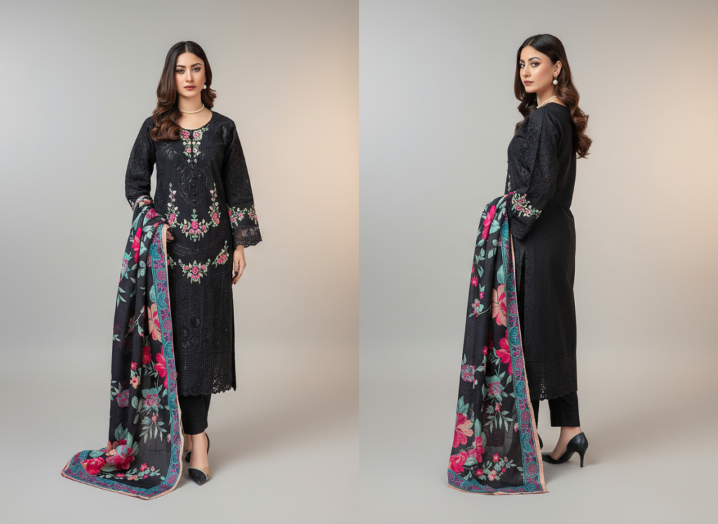 original khaddar soni black embroidered 3 piece suit